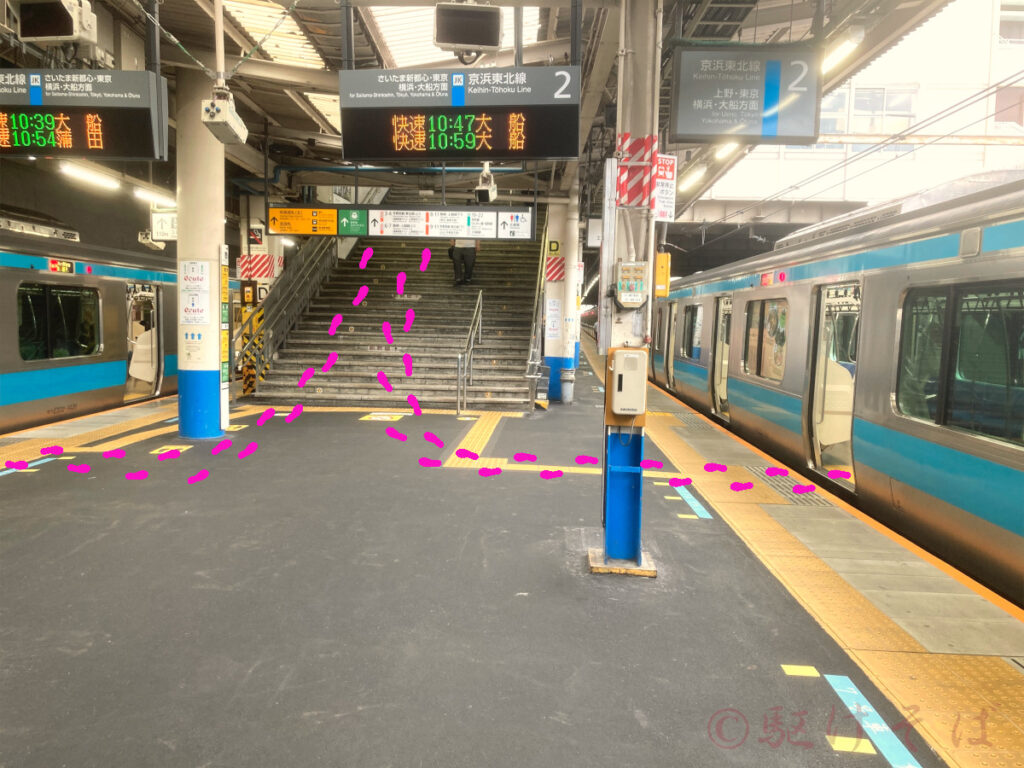 大宮駅_【1・2番線】7号車2番目ドア降車ルート(降車位置)